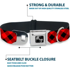 Dog Bone Seatbelt Buckle Collar - Diagonal Buffalo Plaid Black/Red