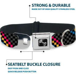 Dog Bone Seatbelt Buckle Collar - Checker Stripe Black/Gray/Blue/Gold/Pink