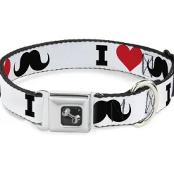 Dog Bone Seatbelt Buckle Collar - I "Heart Mustache" White/Black/Red