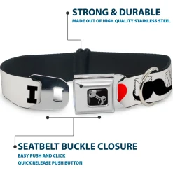 Dog Bone Seatbelt Buckle Collar - I "Heart Mustache" White/Black/Red