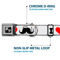 Dog Bone Seatbelt Buckle Collar - I "Heart Mustache" White/Black/Red