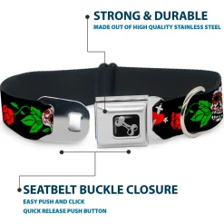 Dog Bone Seatbelt Buckle Collar - Sugar Skull w/Roses & Heart