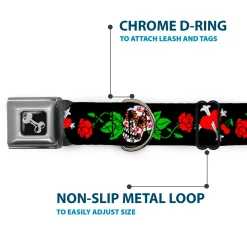 Dog Bone Seatbelt Buckle Collar - Sugar Skull w/Roses & Heart