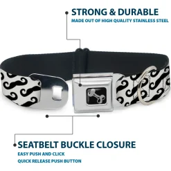 Dog Bone Seatbelt Buckle Collar - Diagonal Handlebar Mustaches White/Black