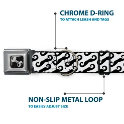 Dog Bone Seatbelt Buckle Collar - Diagonal Handlebar Mustaches White/Black