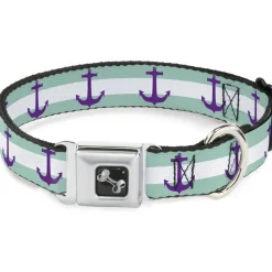Dog Bone Seatbelt Buckle Collar - Anchor/Stripe Teal/White/Purple