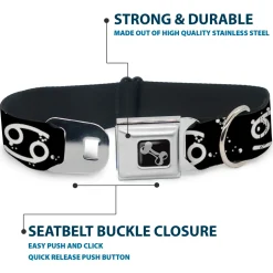 Dog Bone Seatbelt Buckle Collar - Zodiac Cancer Symbol/Constellations Black/White