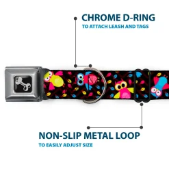 Dog Bone Seatbelt Buckle Collar - Flying Owls w/Leaves Black/Multi Color