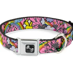 Dog Bone Seatbelt Buckle Collar - Rainbow Cloud Stars Pink