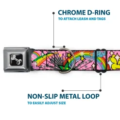 Dog Bone Seatbelt Buckle Collar - Rainbow Cloud Stars Pink