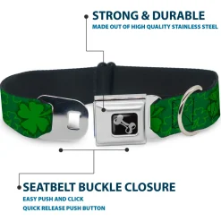Dog Bone Seatbelt Buckle Collar - St. Pat's Clovers Scattered2 Outline/Solid Greens