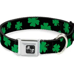 Dog Bone Seatbelt Buckle Collar - St. Pat's Clovers Scattered2 Black/Green