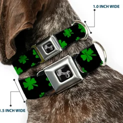 Dog Bone Seatbelt Buckle Collar - St. Pat's Clovers Scattered2 Black/Green