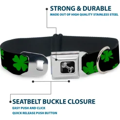 Dog Bone Seatbelt Buckle Collar - St. Pat's Clovers Scattered2 Black/Green