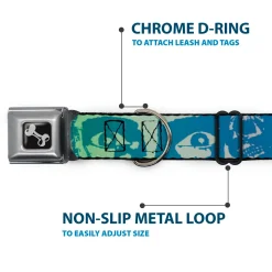 Dog Bone Seatbelt Buckle Collar - Retro Monster Aqua