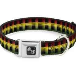 Dog Bone Seatbelt Buckle Collar - Plaid Black/Rasta