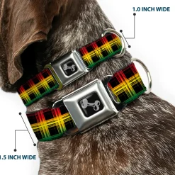 Dog Bone Seatbelt Buckle Collar - Plaid Black/Rasta