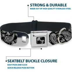 Dog Bone Seatbelt Buckle Collar - Floral Paisley Black/White