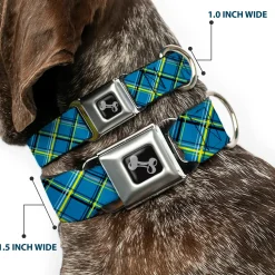 Dog Bone Seatbelt Buckle Collar - Plaid Turquoise/Yellow/Black/Gray