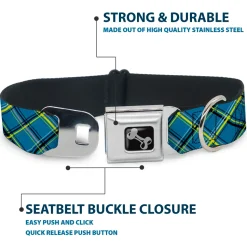 Dog Bone Seatbelt Buckle Collar - Plaid Turquoise/Yellow/Black/Gray