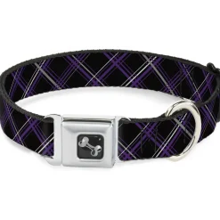 Dog Bone Seatbelt Buckle Collar - Plaid Black/Purple/Gray