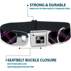Dog Bone Seatbelt Buckle Collar - Plaid Black/Purple/Gray
