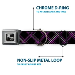 Dog Bone Seatbelt Buckle Collar - Plaid Black/Purple/Gray