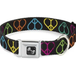 Dog Bone Seatbelt Buckle Collar - Peace Hearts Repeat Black/Neon