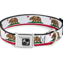 Dog Bone Seatbelt Buckle Collar - California Flag White w/Stripe