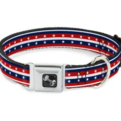 Dog Bone Seatbelt Buckle Collar - Americana Stripe w/Stars2 Blue/Red/White