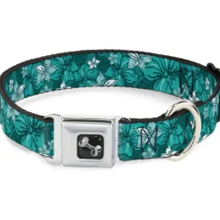 Dog Bone Seatbelt Buckle Collar - Hibiscus Collage Turquoise Shades