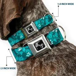 Dog Bone Seatbelt Buckle Collar - Hibiscus Collage Turquoise Shades