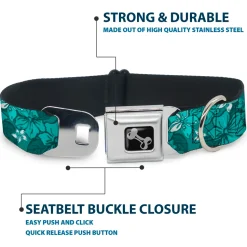 Dog Bone Seatbelt Buckle Collar - Hibiscus Collage Turquoise Shades