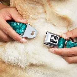 Dog Bone Seatbelt Buckle Collar - Hibiscus Collage Turquoise Shades