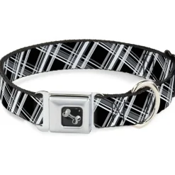 Dog Bone Seatbelt Buckle Collar - Plaid X2 Black/Grays/White