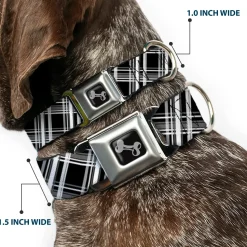 Dog Bone Seatbelt Buckle Collar - Plaid X2 Black/Grays/White