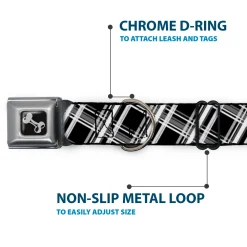 Dog Bone Seatbelt Buckle Collar - Plaid X2 Black/Grays/White