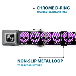 Dog Bone Seatbelt Buckle Collar - Checker & Stripe Skulls Black/White/Purple