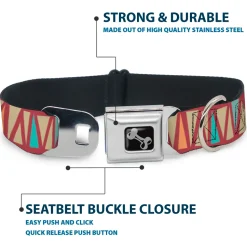 Dog Bone Seatbelt Buckle Collar - Zig Zag Doodle Red/Tan/Blues/Orange