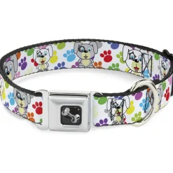 Dog Bone Seatbelt Buckle Collar - Puppies w/Paw Prints White/Multi Color