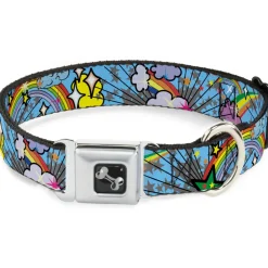 Dog Bone Seatbelt Buckle Collar - Rainbow Cloud Stars Baby Blue