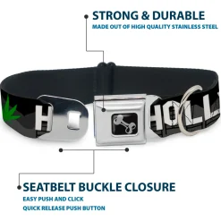 Dog Bone Seatbelt Buckle Collar - HOLLYWEED Sign Skyline/Pot Leaf Black/Grays/White/Green