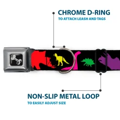 Dog Bone Seatbelt Buckle Collar - Dinosaur Silhouette Black/Multi Color