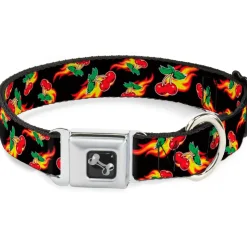 Dog Bone Seatbelt Buckle Collar - Flaming Cherries Scattered Black