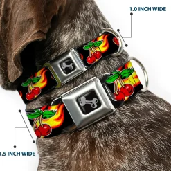 Dog Bone Seatbelt Buckle Collar - Flaming Cherries Scattered Black