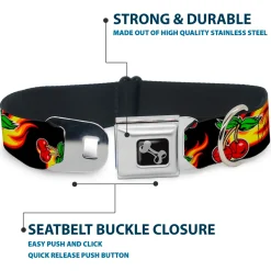 Dog Bone Seatbelt Buckle Collar - Flaming Cherries Scattered Black