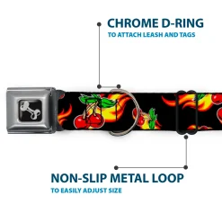 Dog Bone Seatbelt Buckle Collar - Flaming Cherries Scattered Black