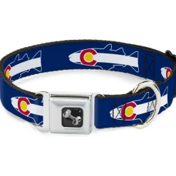 Dog Bone Seatbelt Buckle Collar - Colorado Trout Flag/Snowy Mountains Blues/White/Red/Yellow
