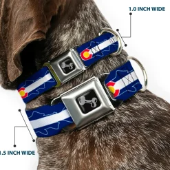 Dog Bone Seatbelt Buckle Collar - Colorado Trout Flag/Snowy Mountains Blues/White/Red/Yellow