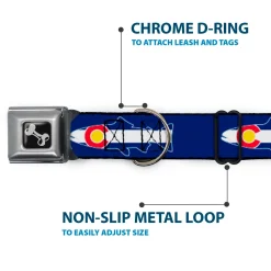 Dog Bone Seatbelt Buckle Collar - Colorado Trout Flag/Snowy Mountains Blues/White/Red/Yellow